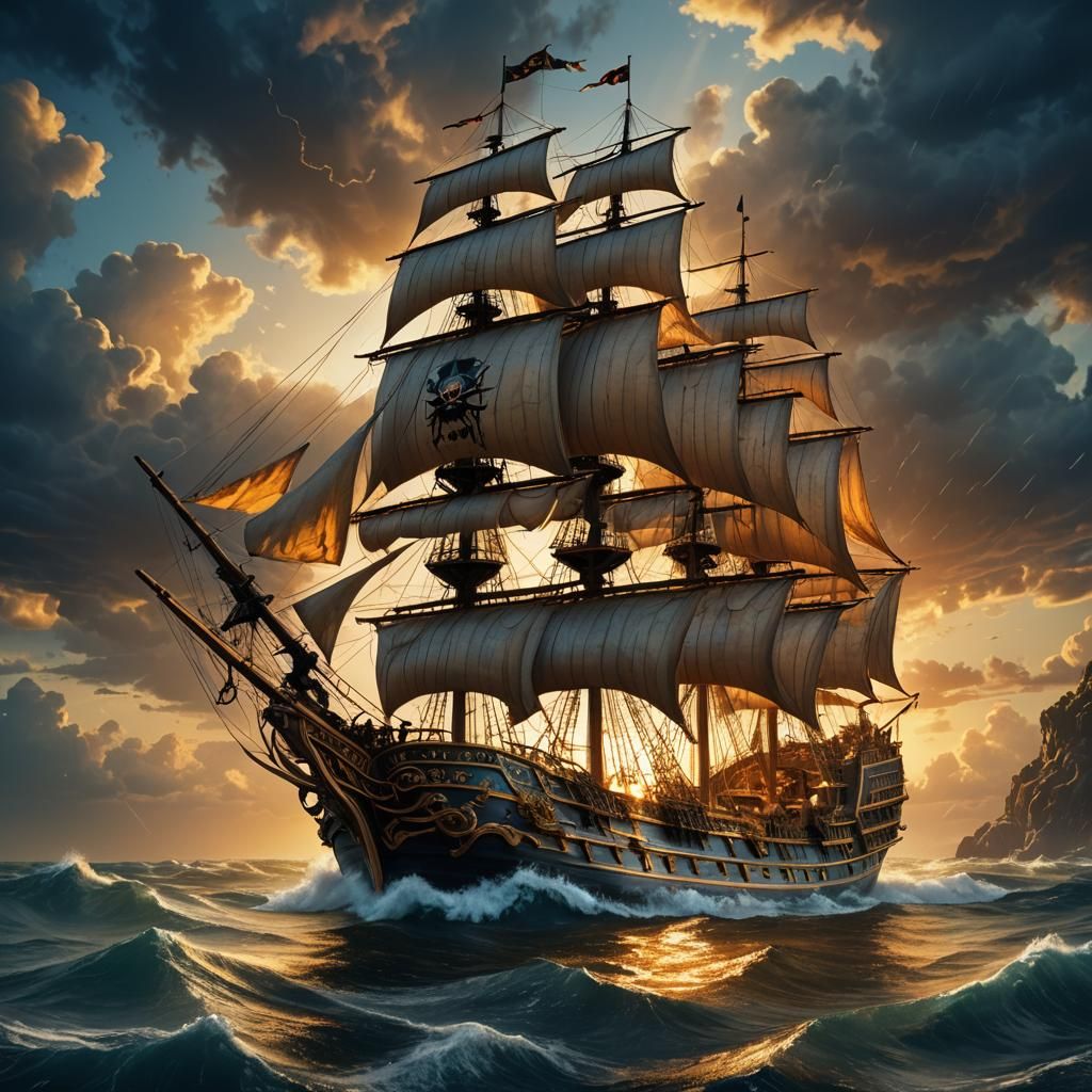 Pirate Ship on Stormy Seas in Art Deco Style
