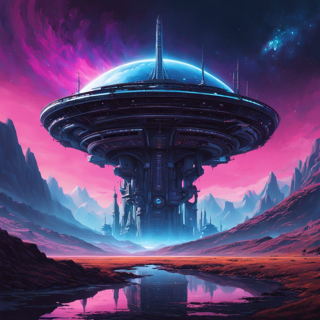 Cyberpunk Spacecraft in Swirling Galaxy