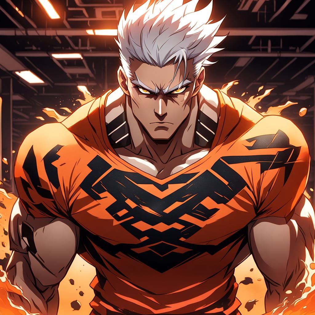 Anime Style Muscular Man in Gym with Neon Lighting