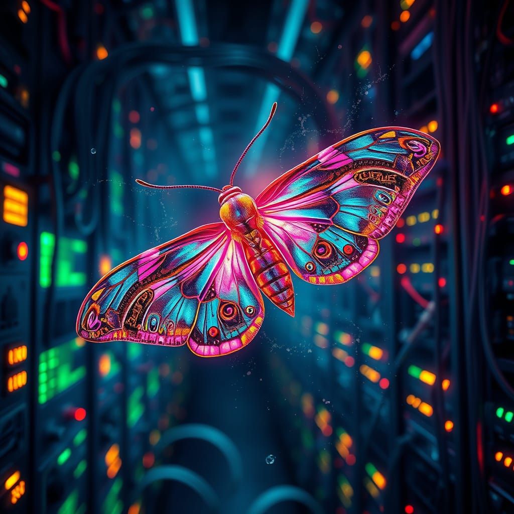 Cyberpunk Moth in a Data Jungle