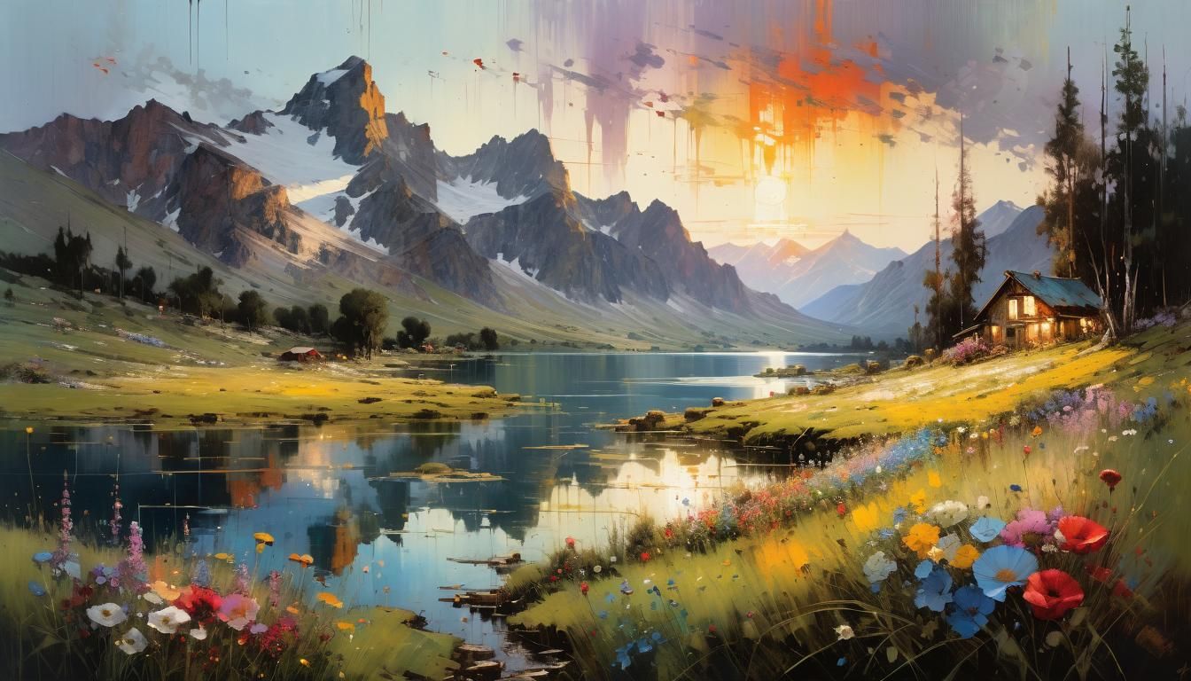Picturesque Mountain Meadow Sunset Painting