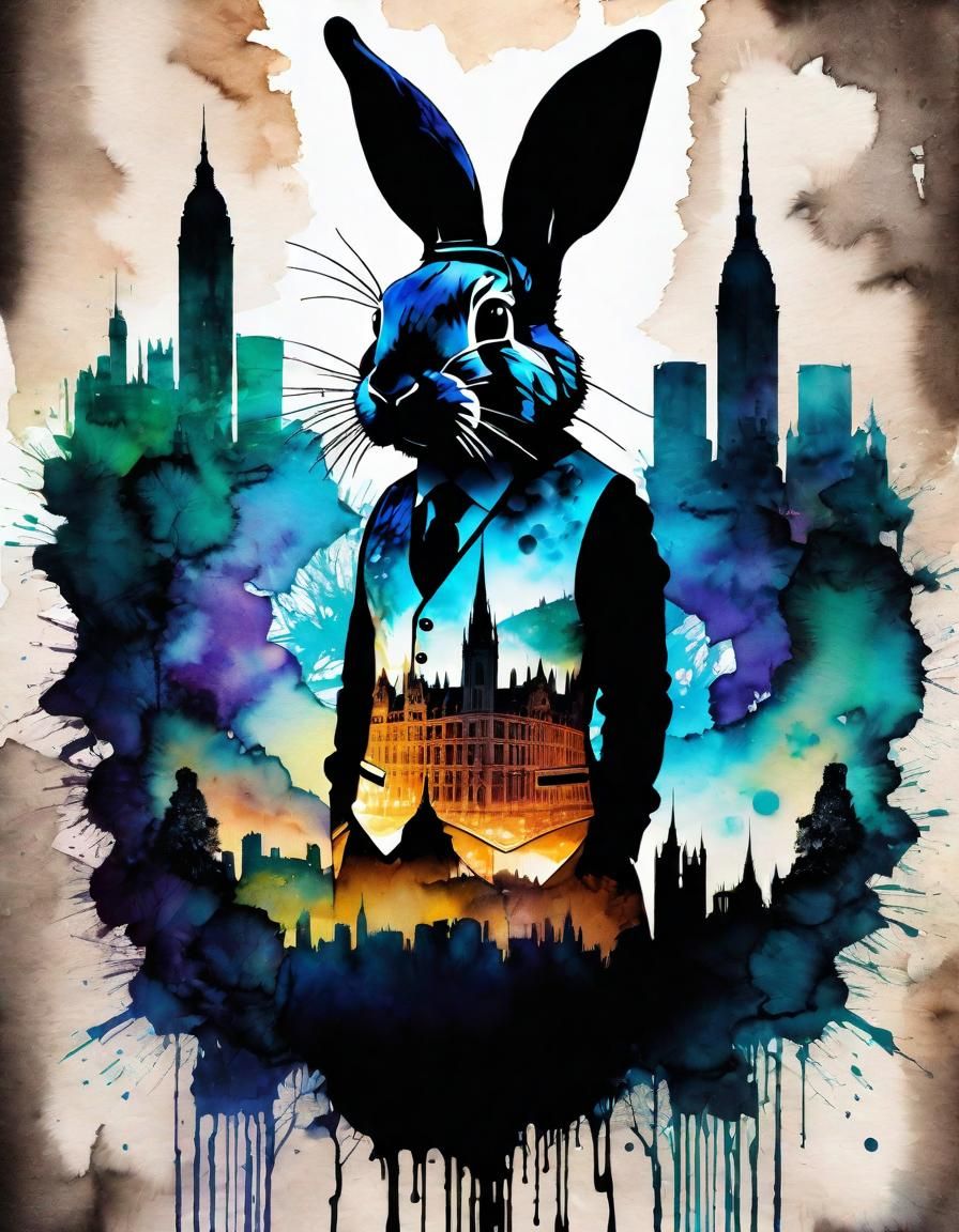Rabbit in waistcoat / landmarks double exposure (Dreamshaper XL Alpha)
