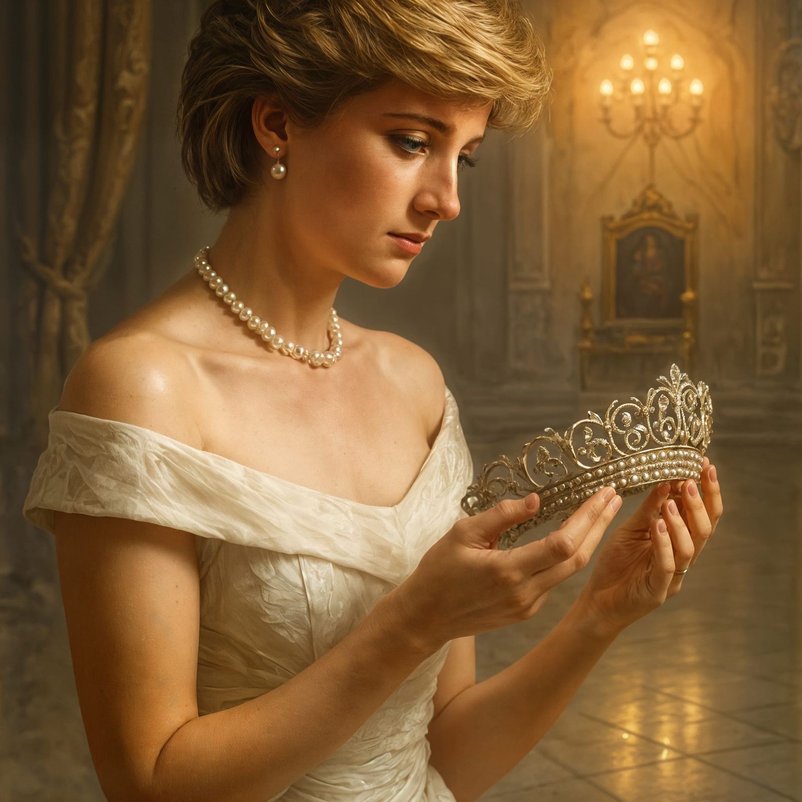 Princess Diana Contemplating a Tiara with Melancholy