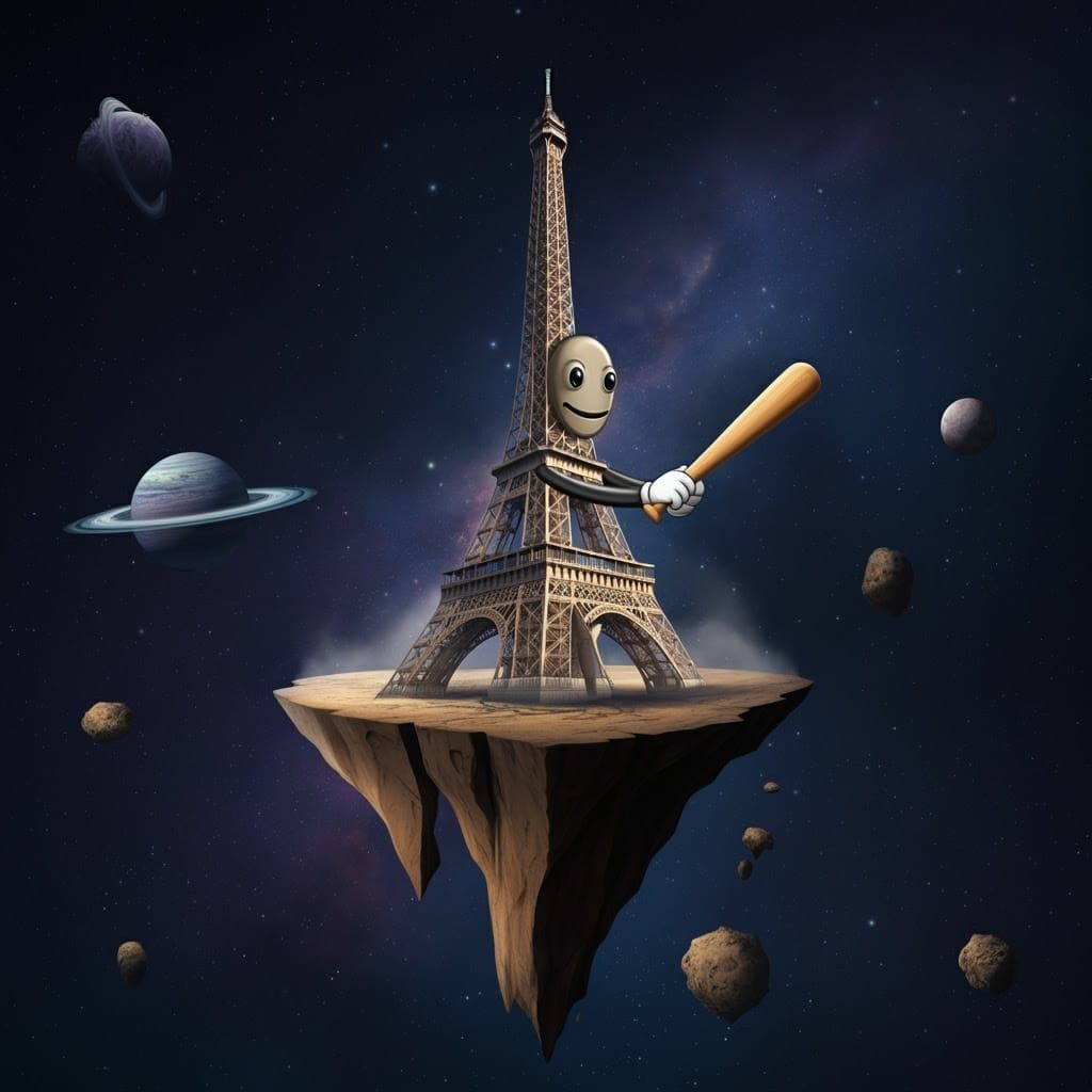 Humanoid Eiffel Tower Plays Baseball in Space
