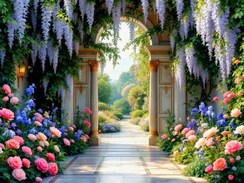 Wisteria-Adorned Marble Entrance to Lush Flower Garden