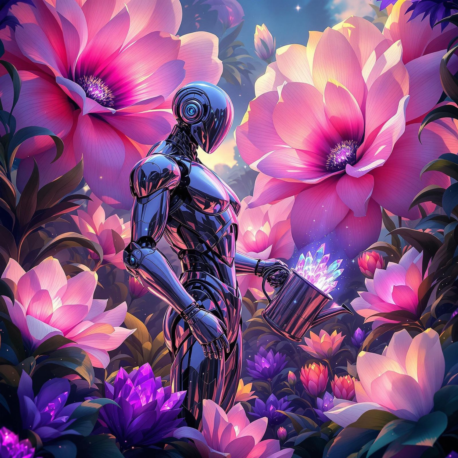 Robot Gardener in Glowing Flower Garden, Matte Painting
