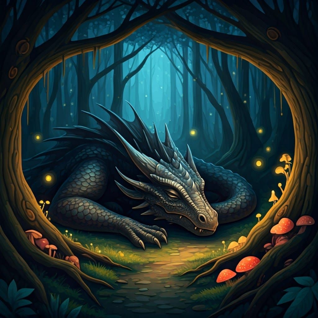 Sleeping Dragon in Enchanted Forest, Dreamlike Illustration
