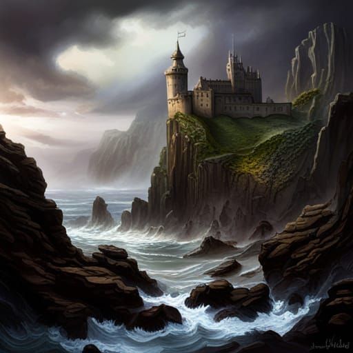 Sad Mermaid in Stormy Coastal Landscape