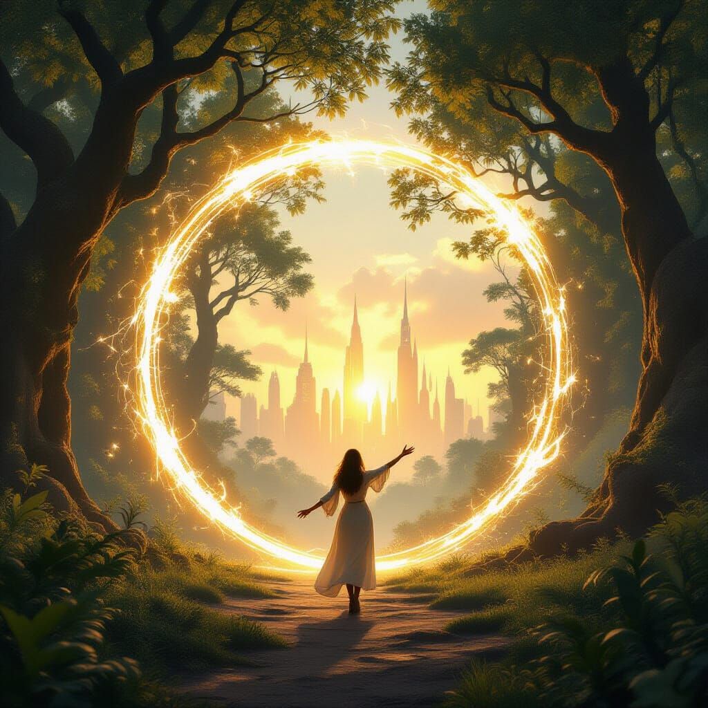 Ethereal Light Portal to Solarpunk City in Forest