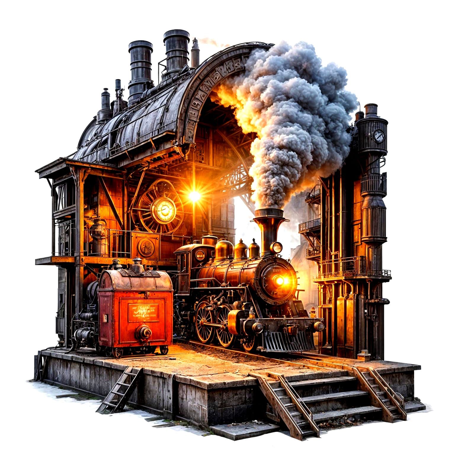 A steam locomotive puffing white smoke as it emerges from an...