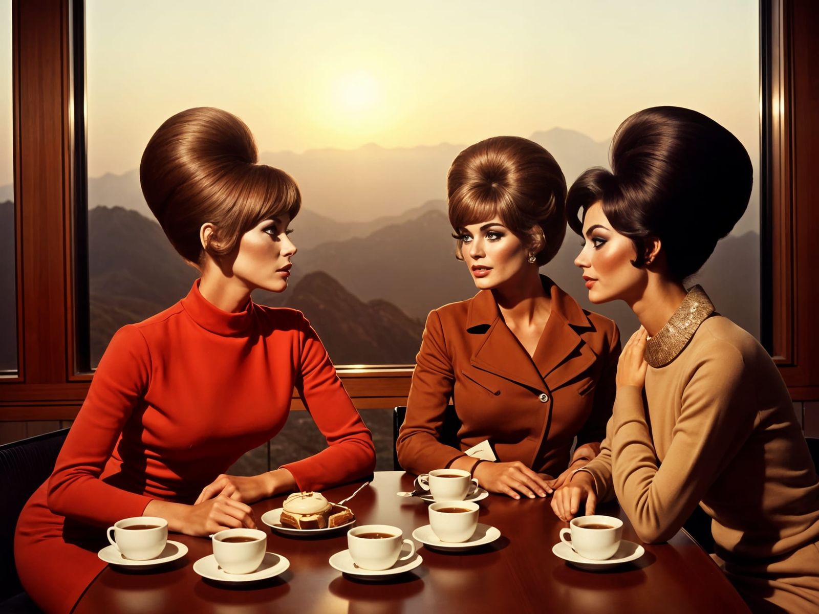 Housewives Enjoy Morning Coffee in Retro-Style Setting