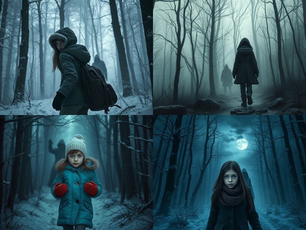 Young Girl Walks Through Dark Winter Woods Under a Creepy St...