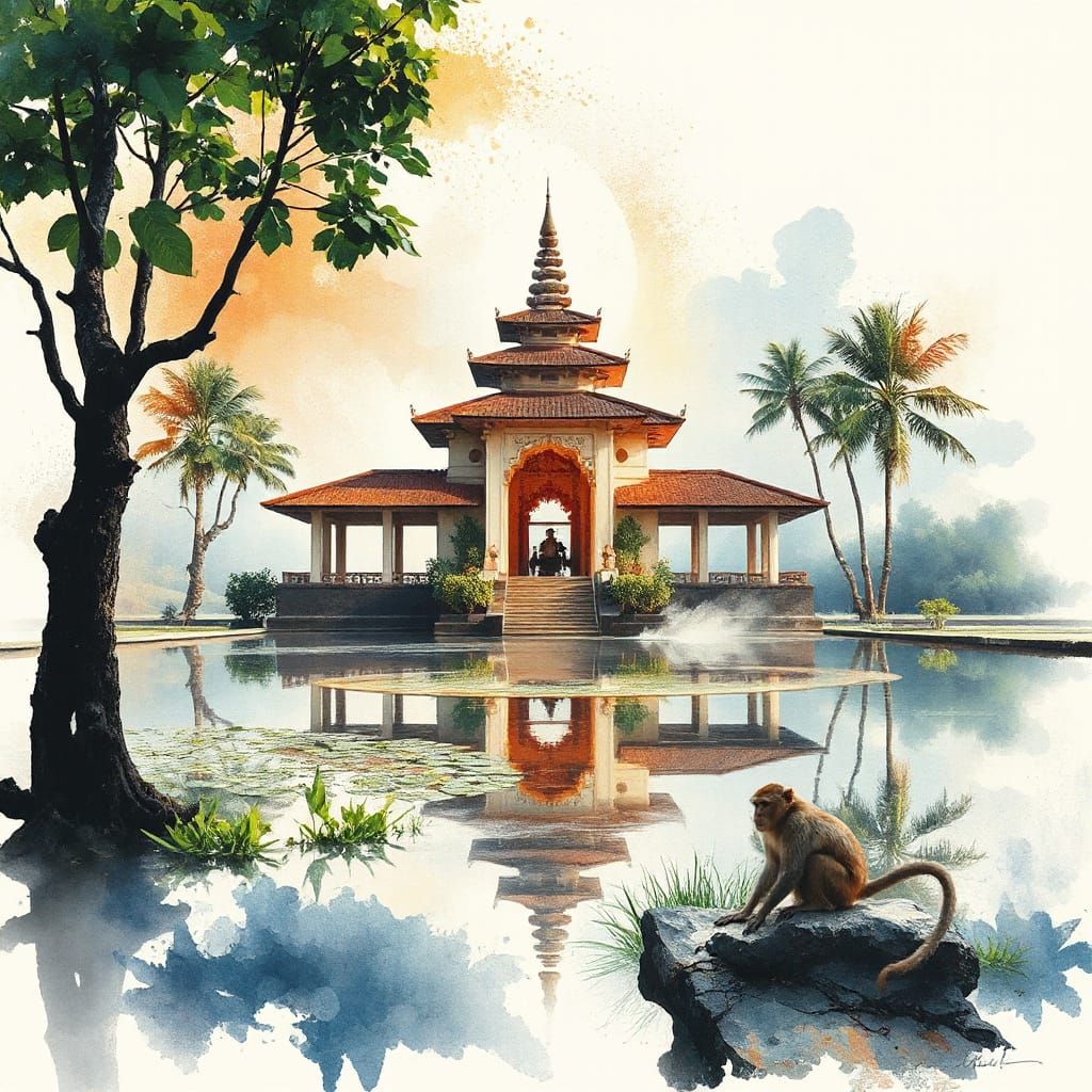 Balinese Water Temple in Serene Rice Paddies