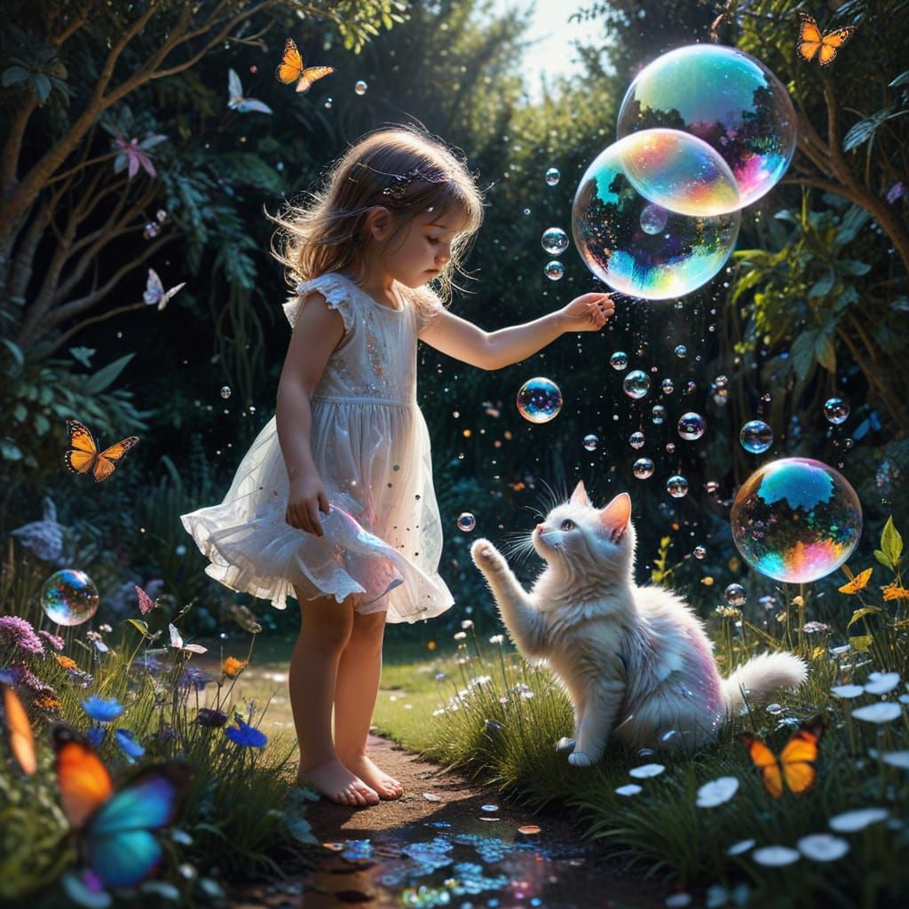 Girl and Cat Playing with Bubbles in Garden