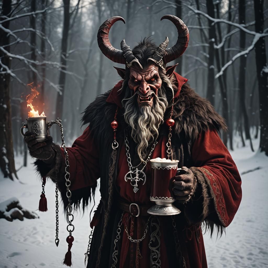Gothic Krampus with Cocoa in Alpine Winter