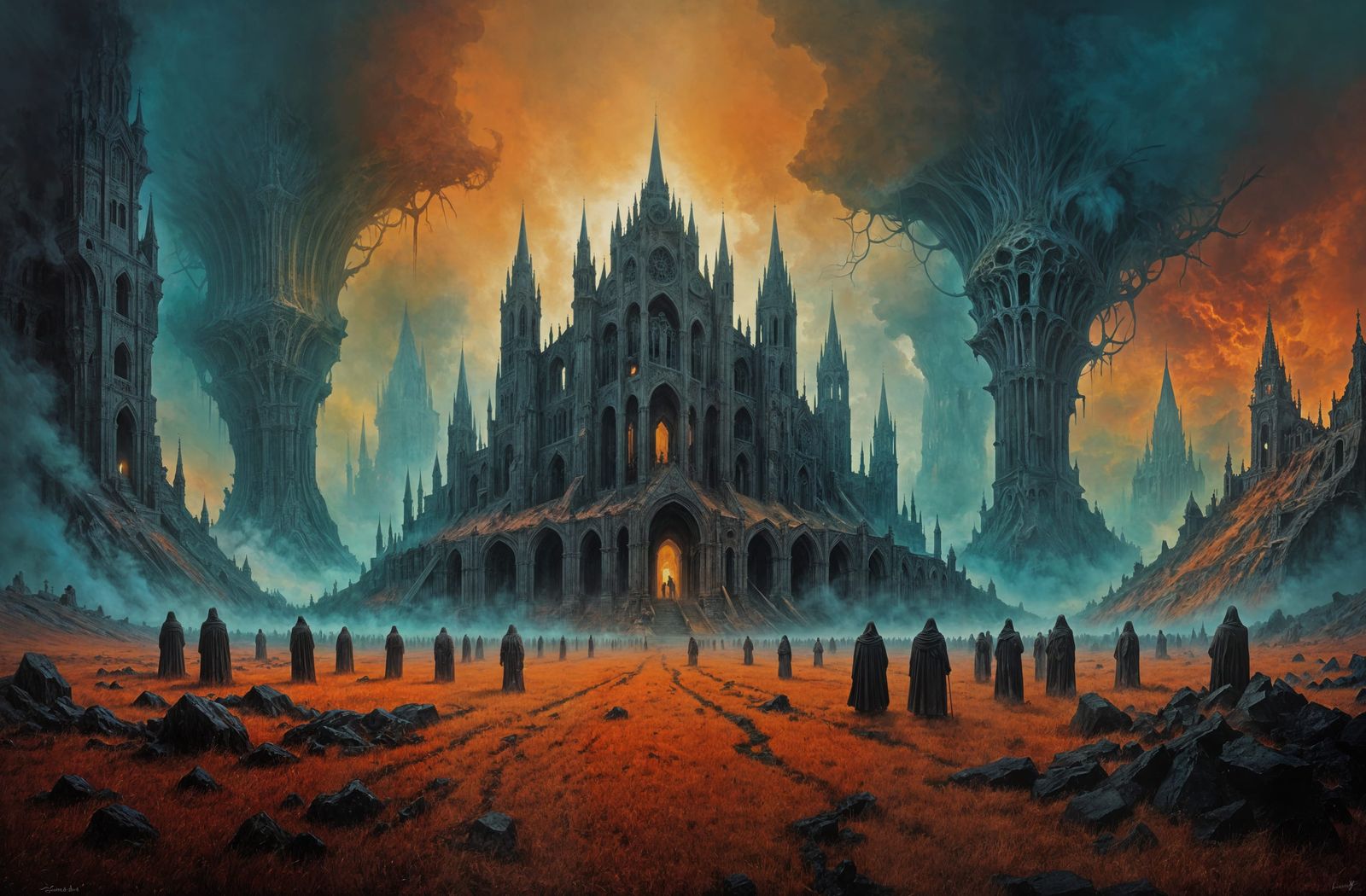 Colossal Bone Cathedral in Beksinski-Inspired Impasto Style