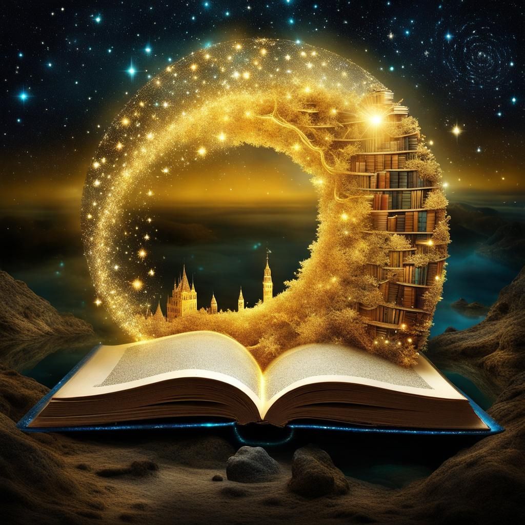 Surreal Golden Portal Spiraling from Book