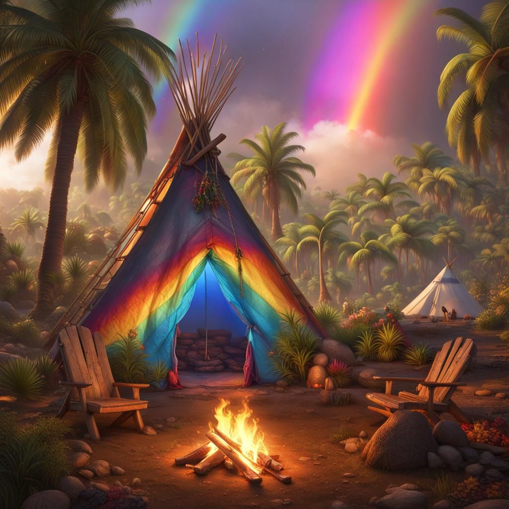 Tropical Hippie Valley with Rainbow Mushrooms