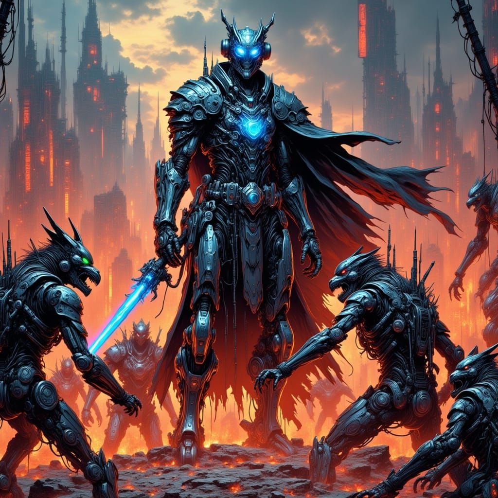 Cyborg Pirate Battles Mutant Ninjas in Cyberpunk Style