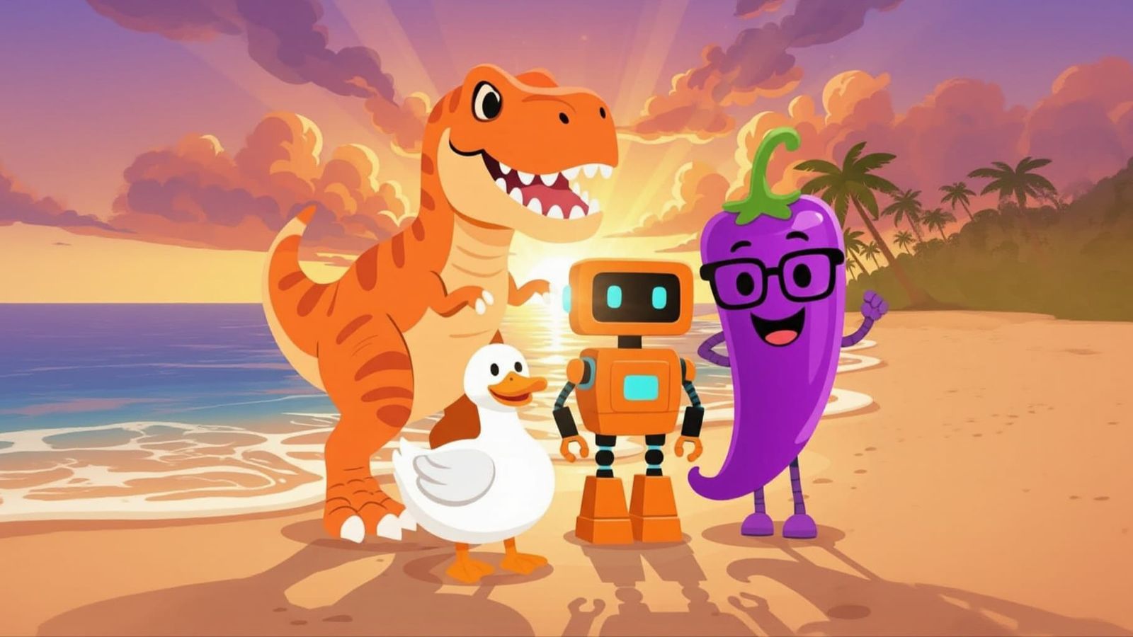 Community Mascots Enjoying a Beach Sunrise