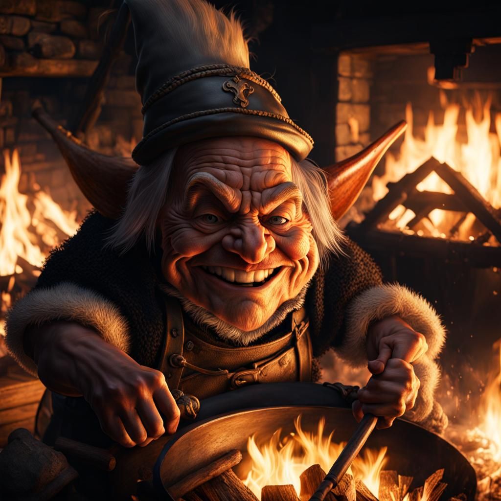 Fantasy Goblin Cook Roasting an Ox, Hyperrealistic Fine Art