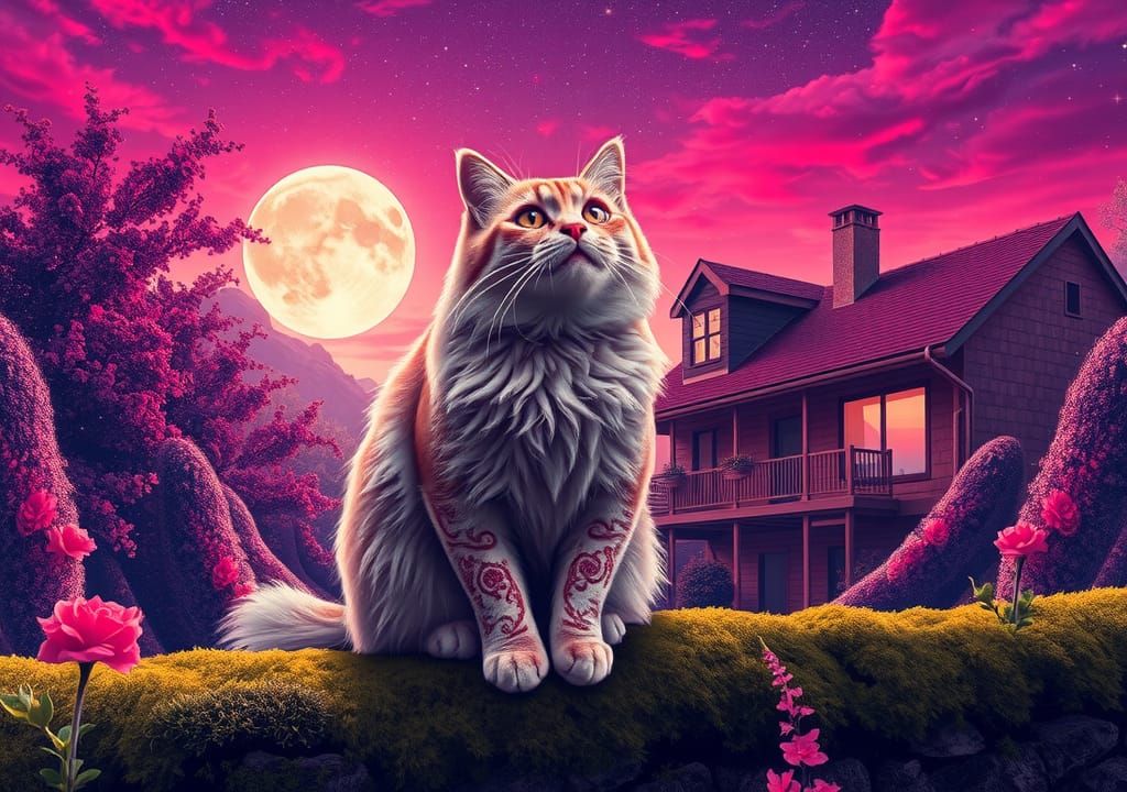 Paisley Cat in Garden at Sunset, Hypermaximalist Style