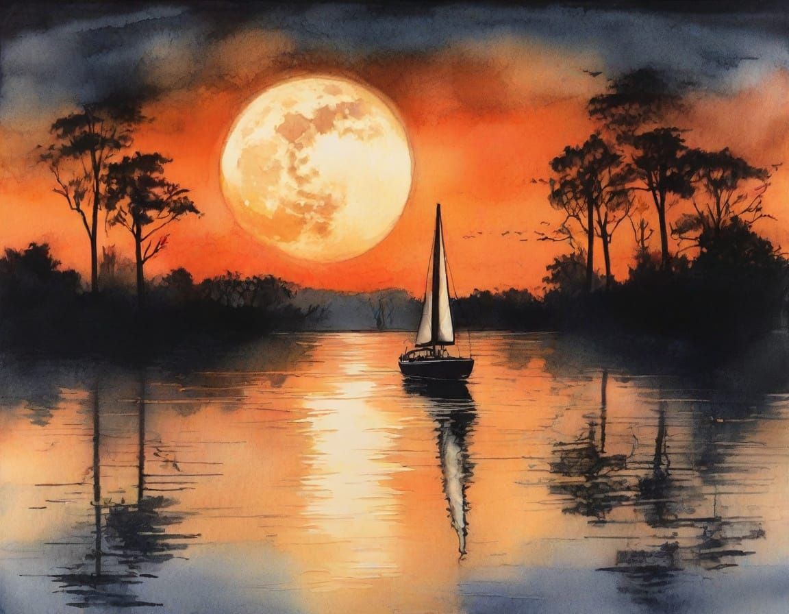 Sailboat Silhouette Under Orange Moon in Post-Impressionist ...