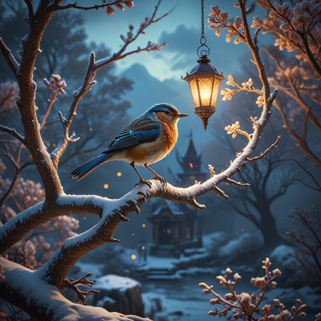 Epic Winter Scene with Bird and Frosty Tree in Impressionist...