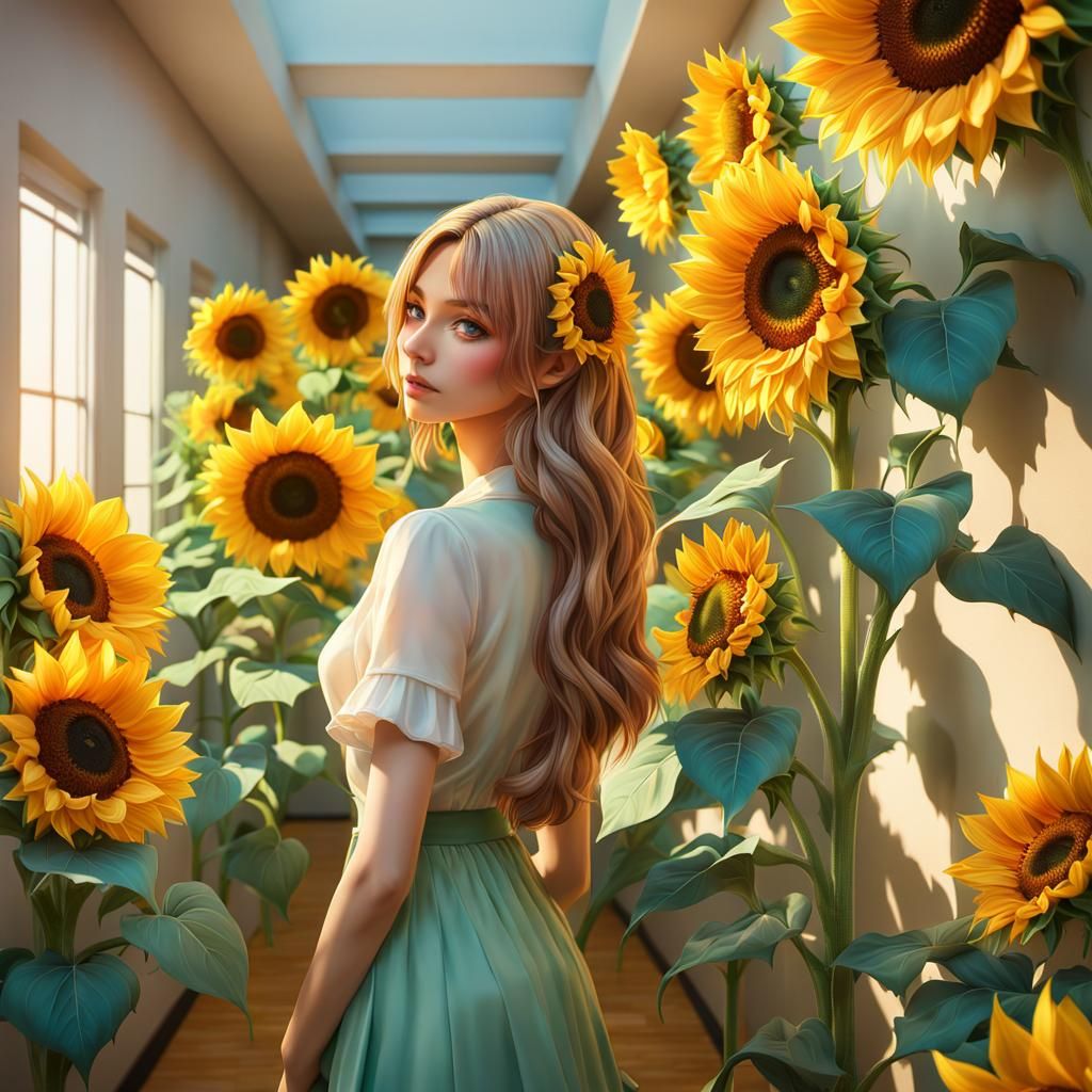 Anime Girl with Sunflowers in Hallway