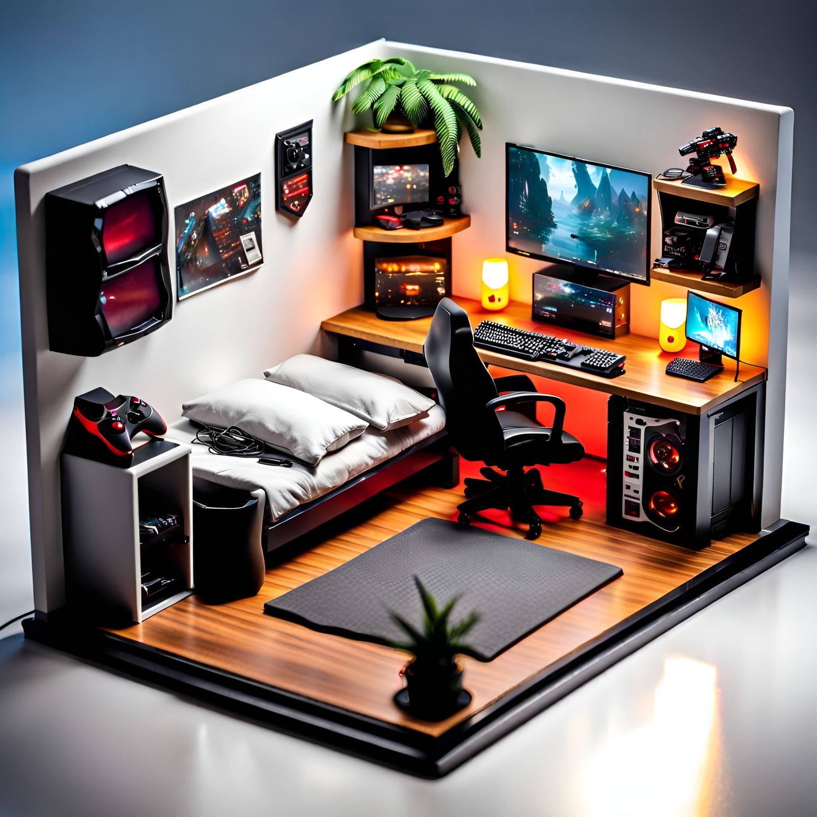 Miniature Diorama of a Gamer's Bedroom