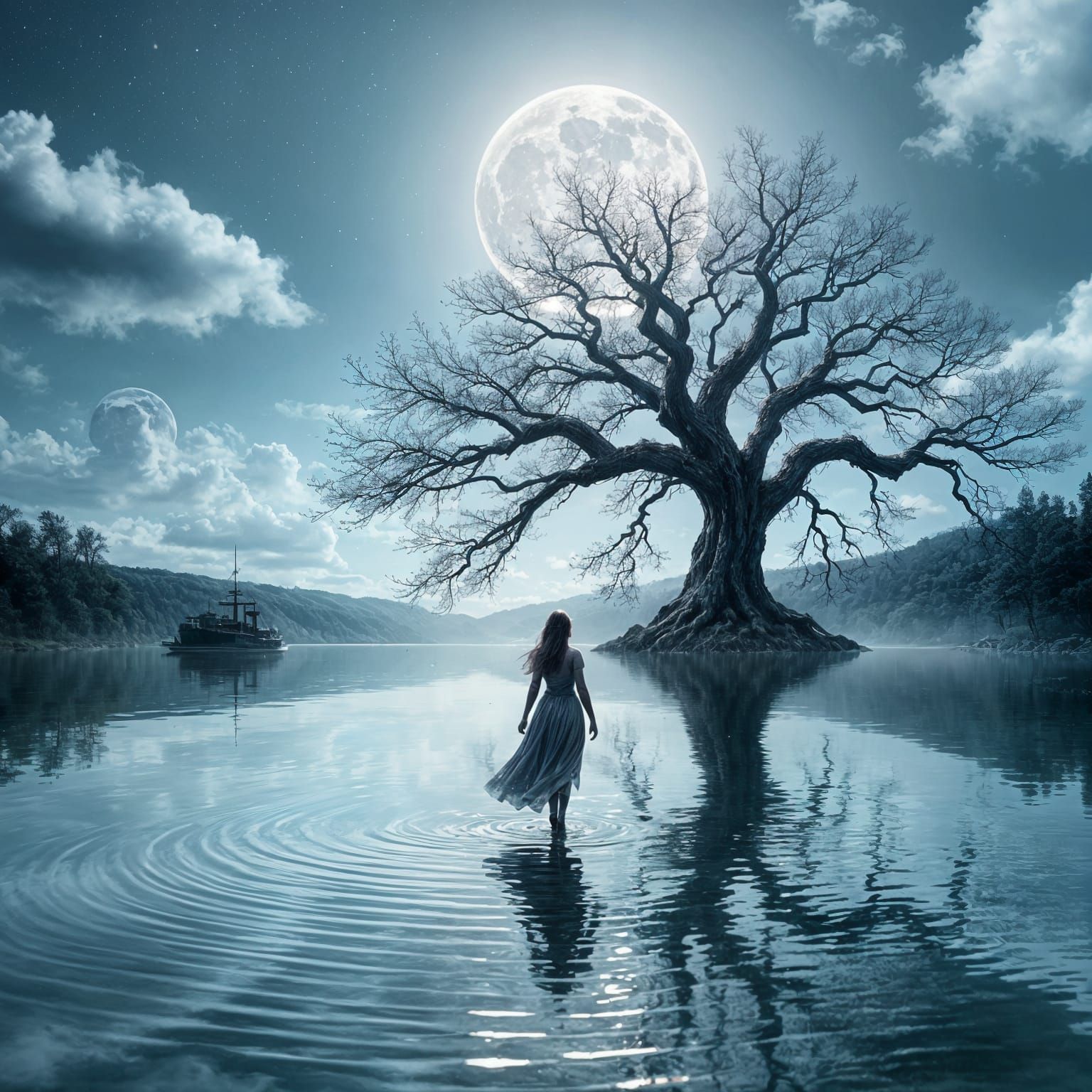 Serene Woman Approaches Majestic Tree Under Full Moon