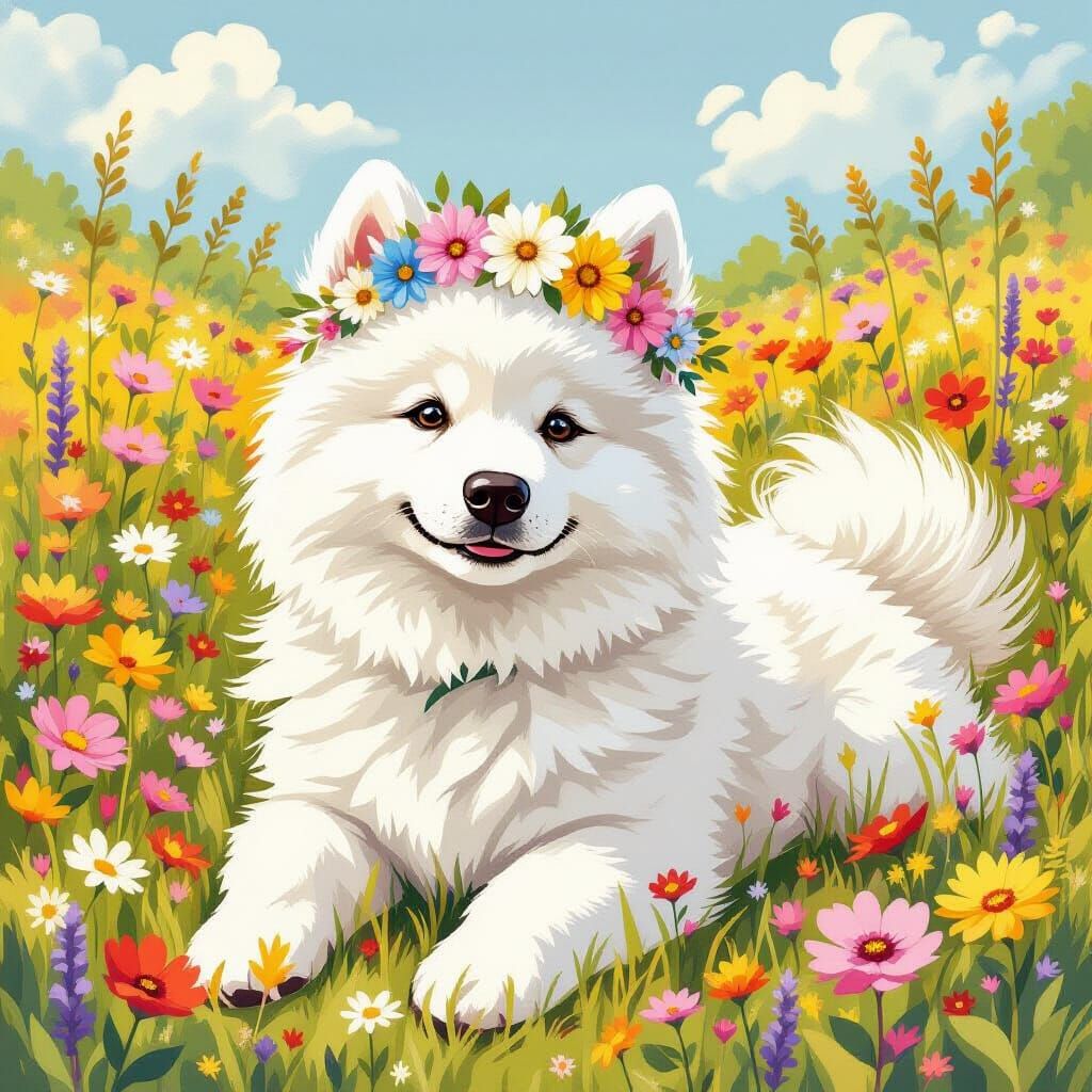 Samoyed Pup in Wildflower Meadow, Storybook Style