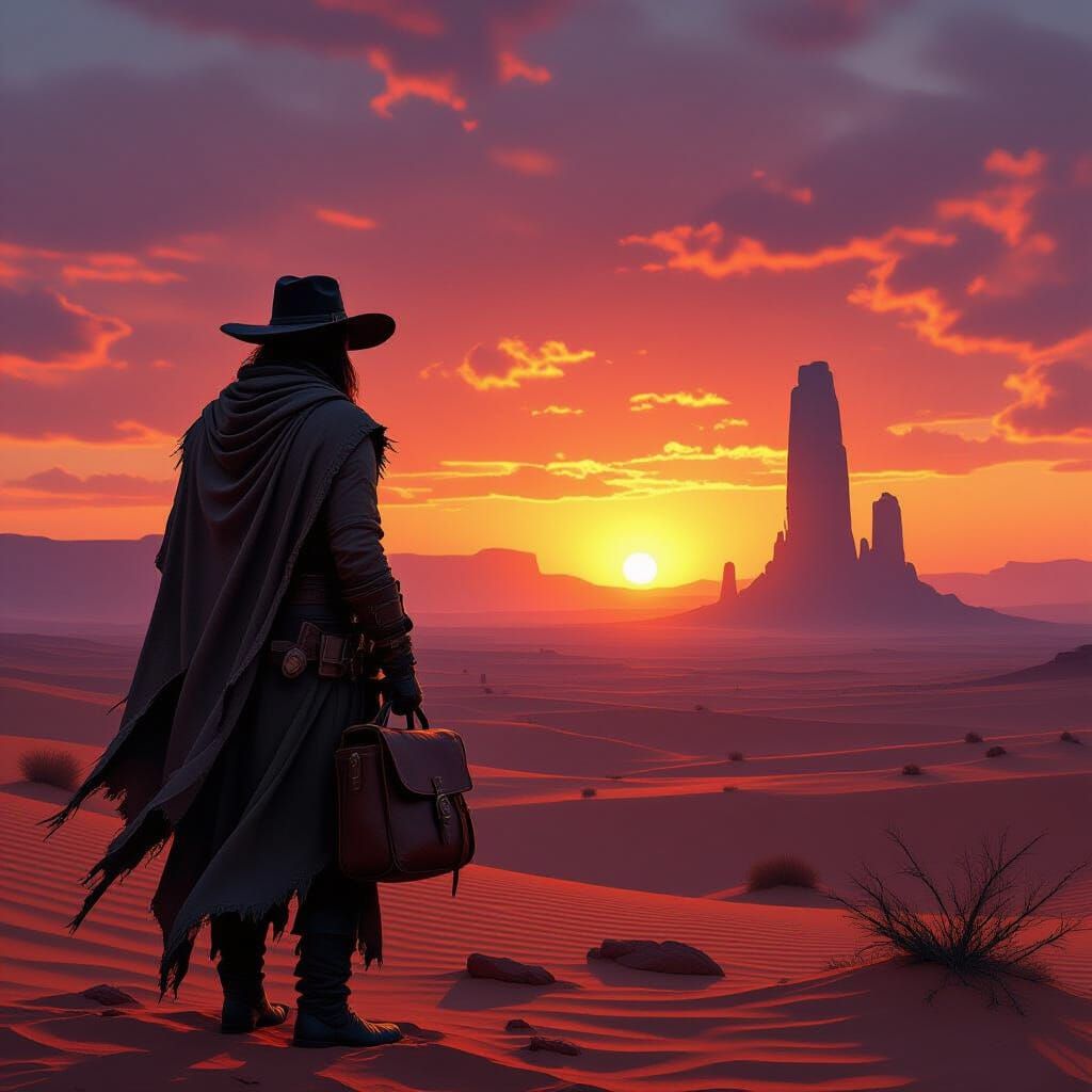 Lone Wanderer Against Desert Sunset