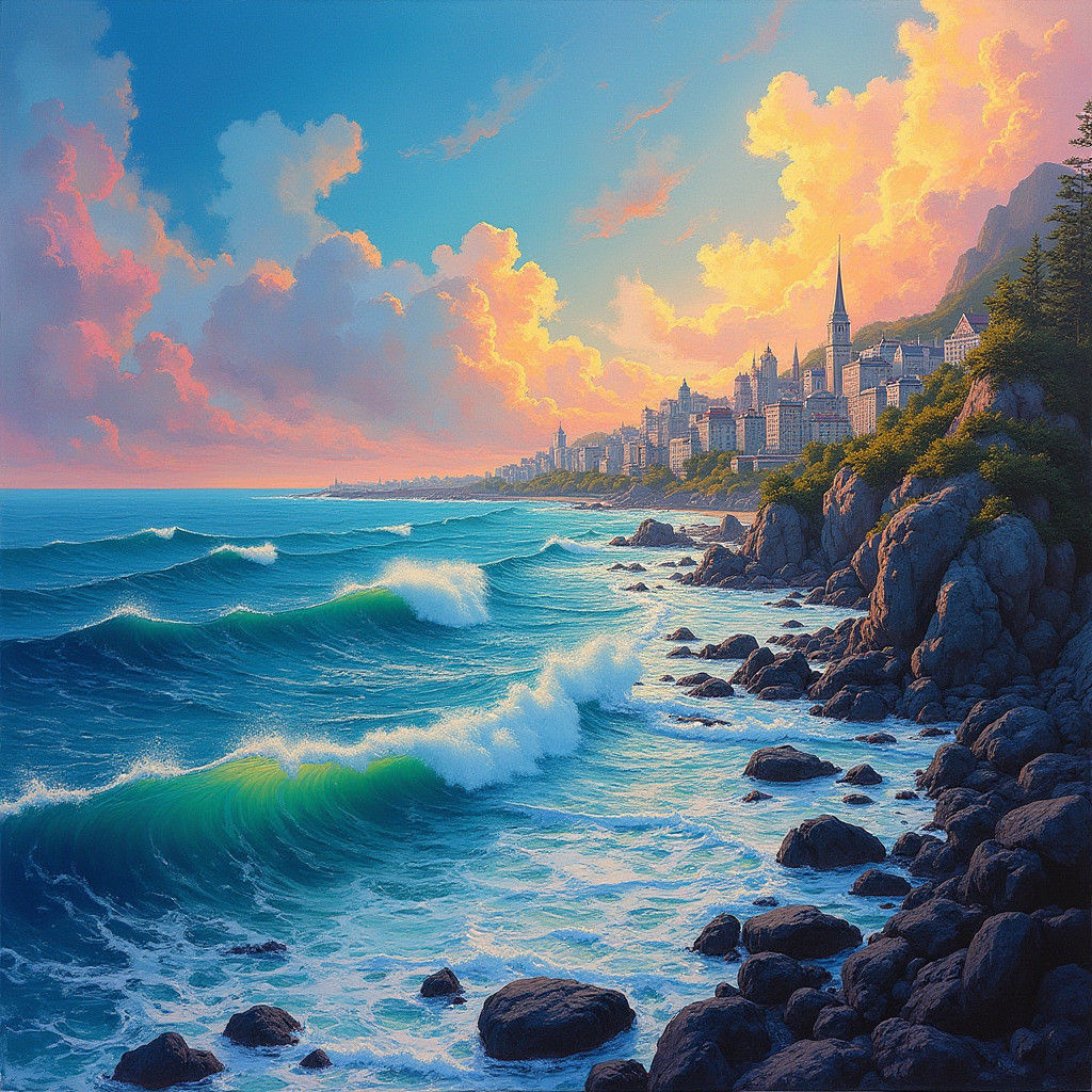 Romantic Coastal Metropolis in Vibrant, Dreamy Brushstrokes