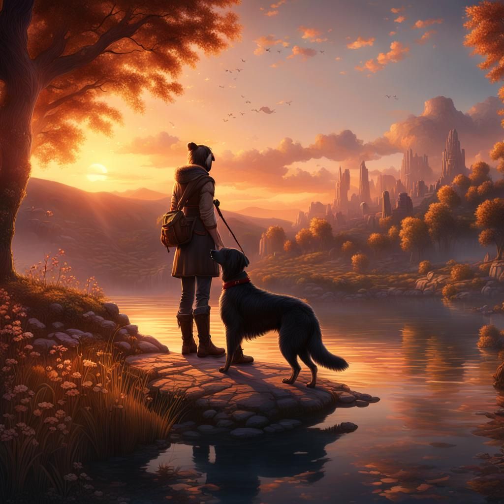 Sunset Lake Scene with Dog: Fantasy Concept Art