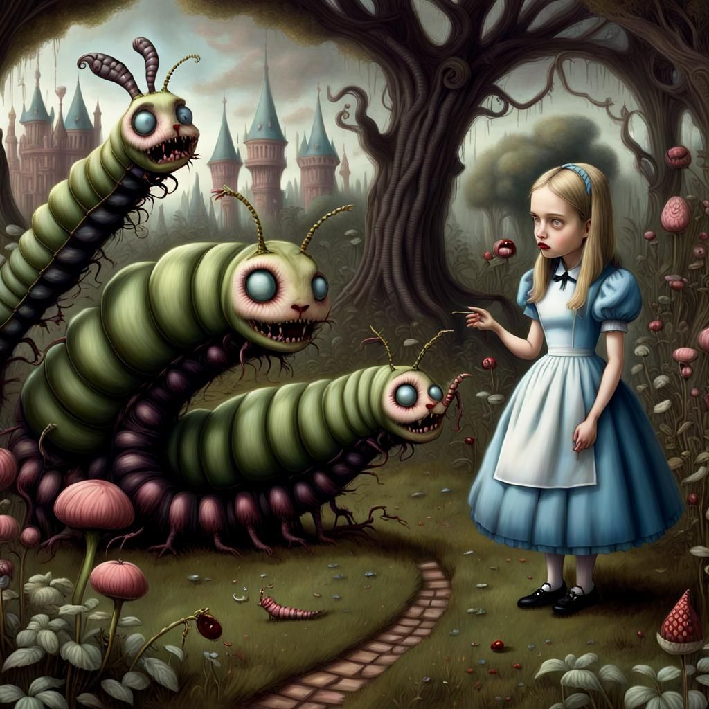 Alice and Caterpillar: Satirical Gothic Cartoon