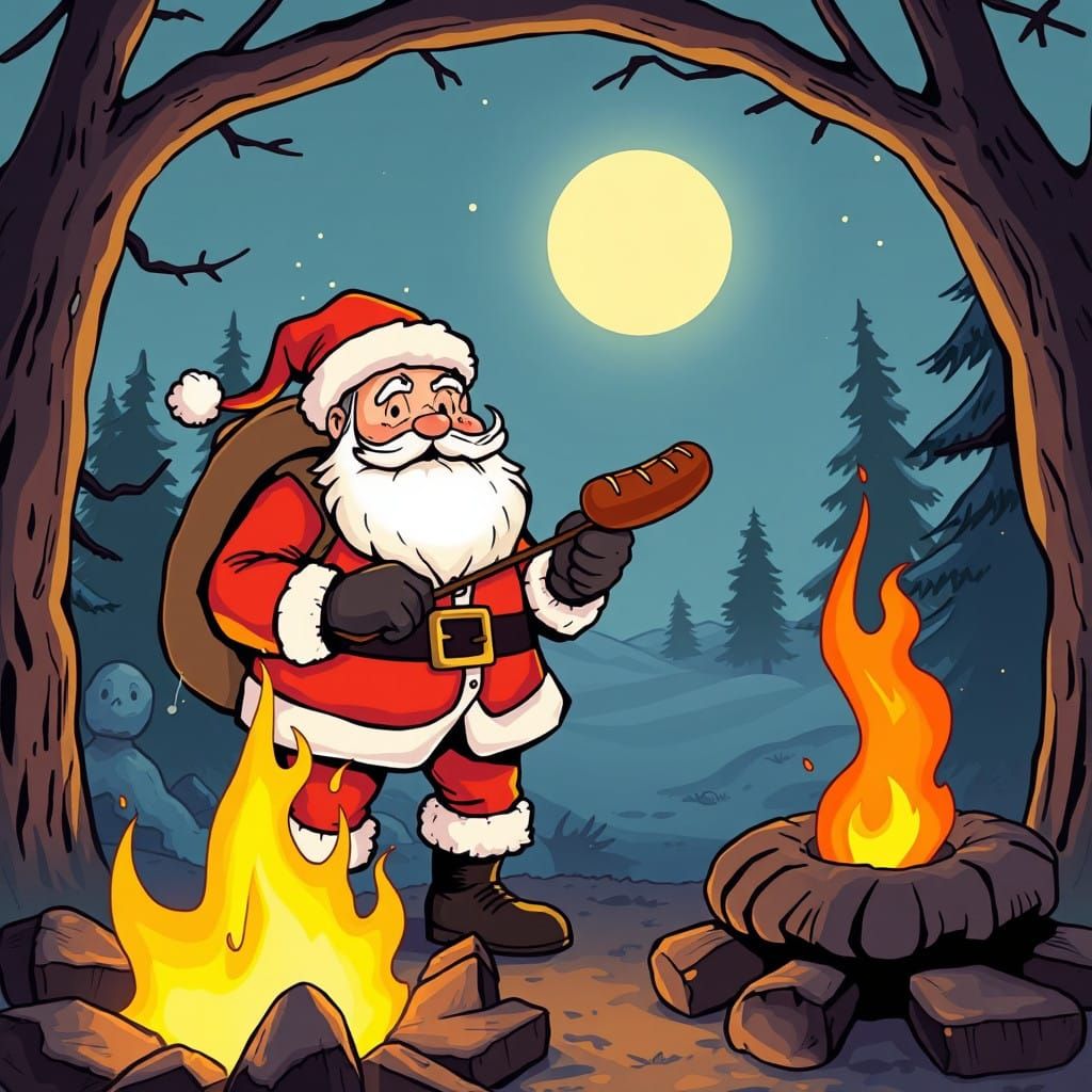 Colorful Cartoon Santa Claus Grills Hot Dog by Campfire