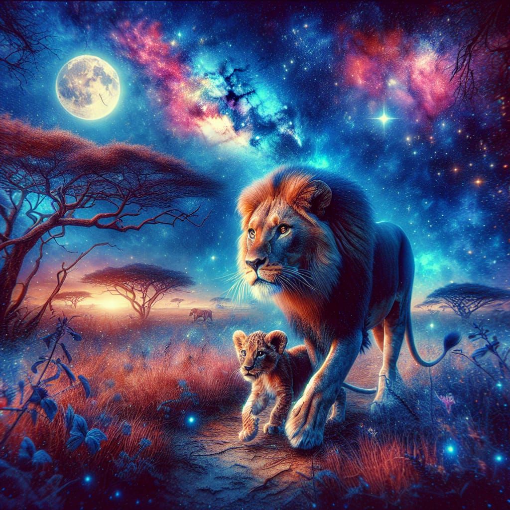 Lion Cub and Mother Under Starry Sky