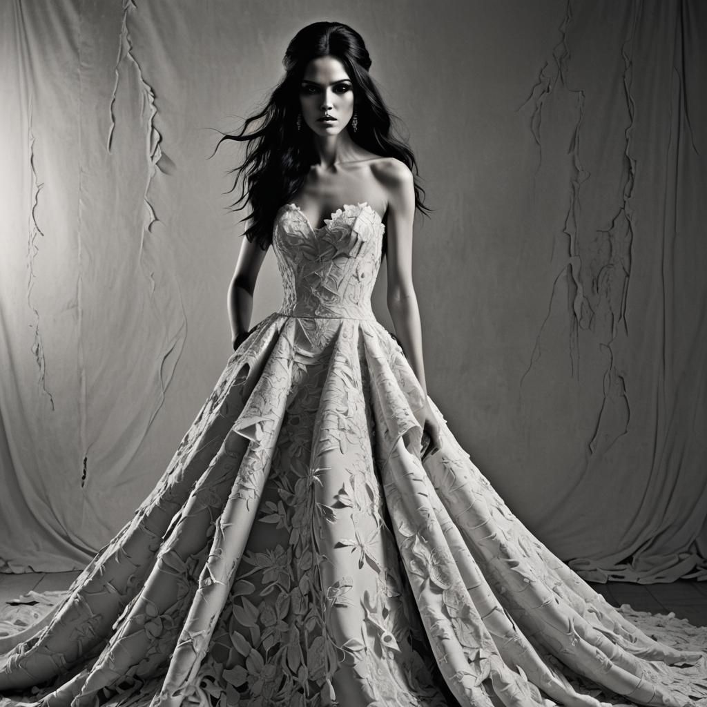 Elegant Bride in Torn Gown: High-Fashion Black and White