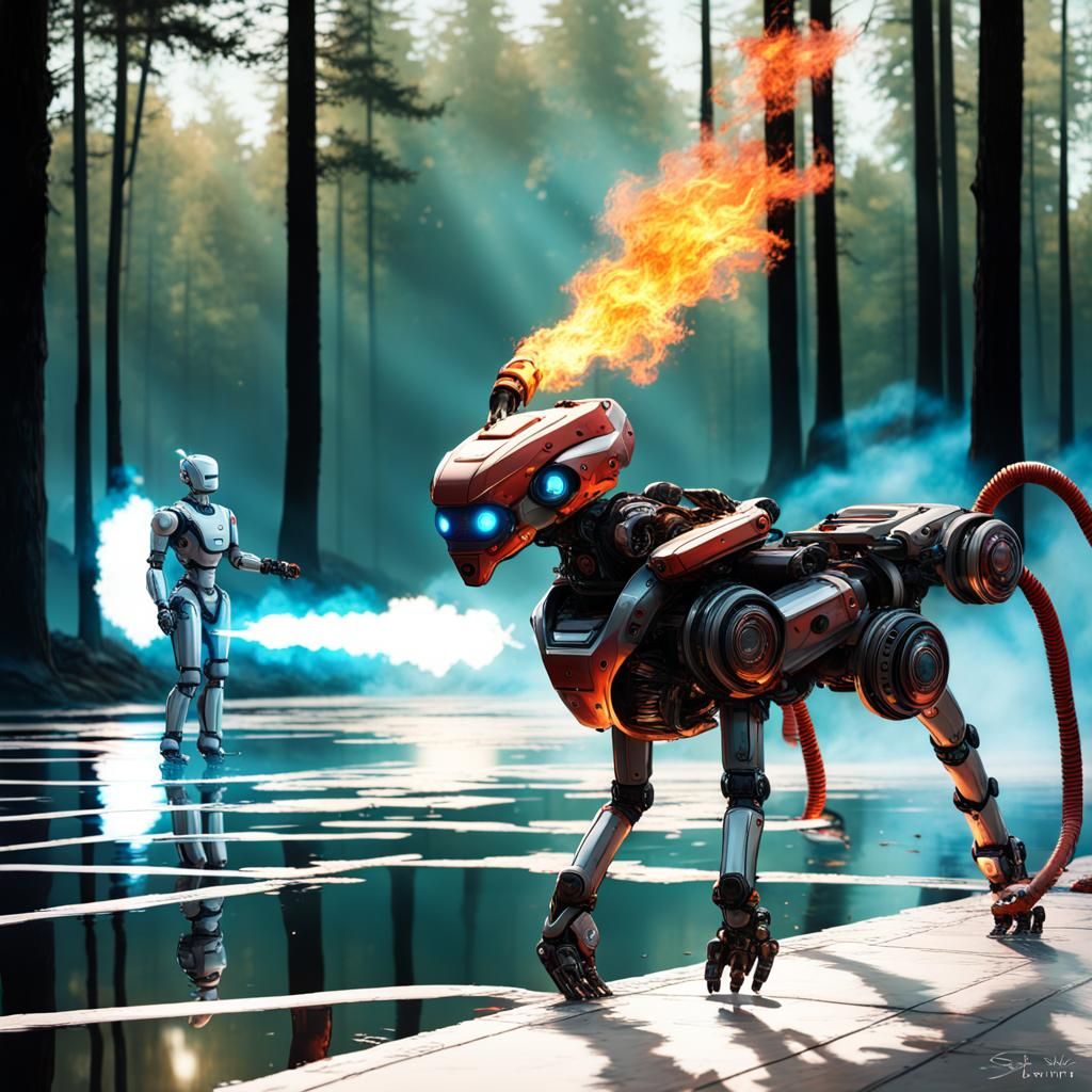 Humanoid Robot with Flamethrower and Kitten