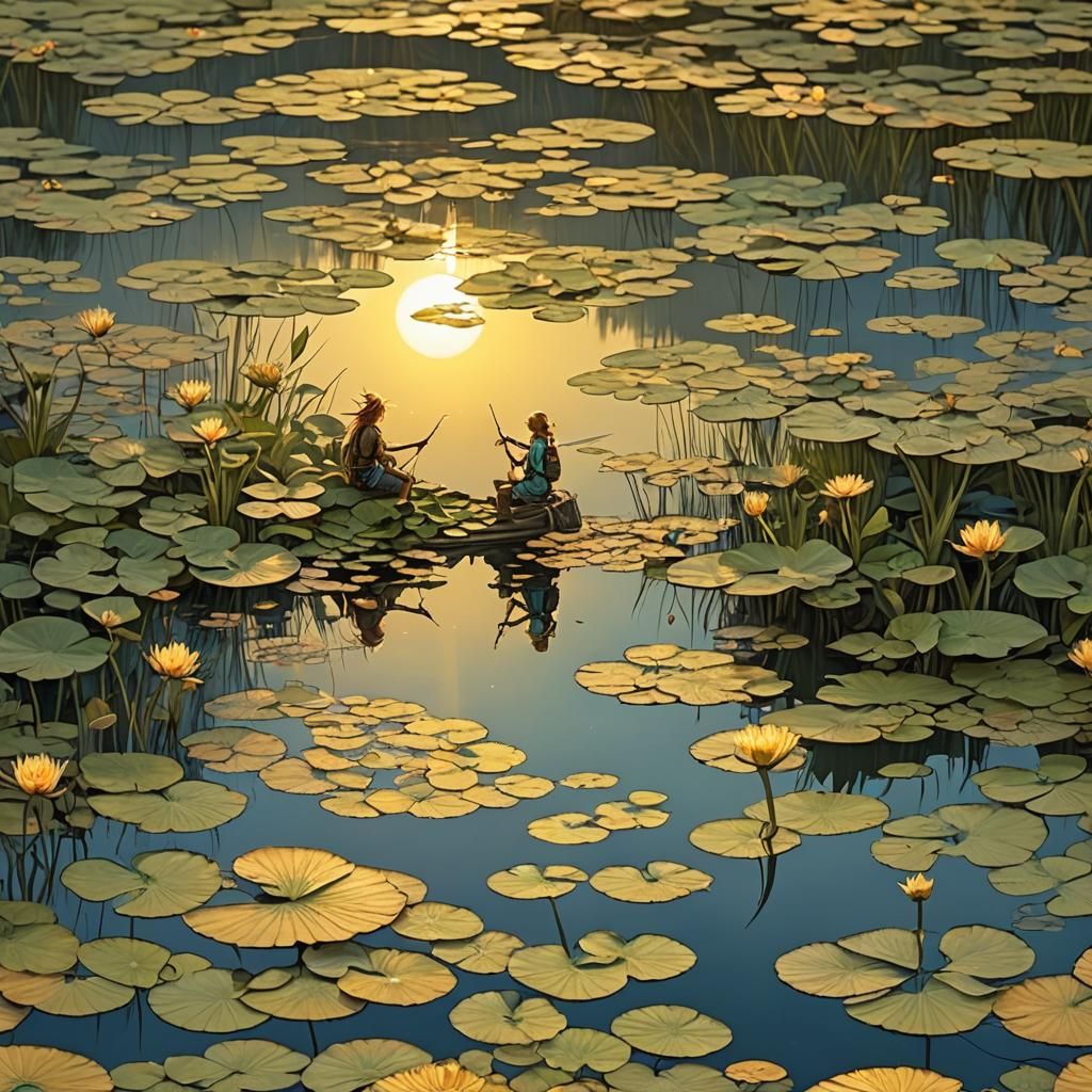 Fishing Fairy in Golden Sunlight over Lily Lake