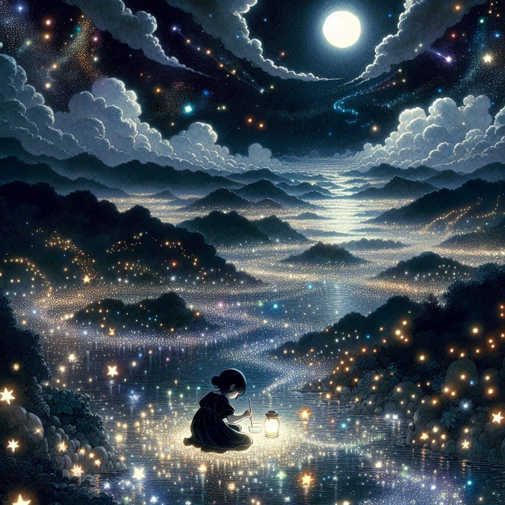 Little Girl Painting Stars in Korean Manhwa Style