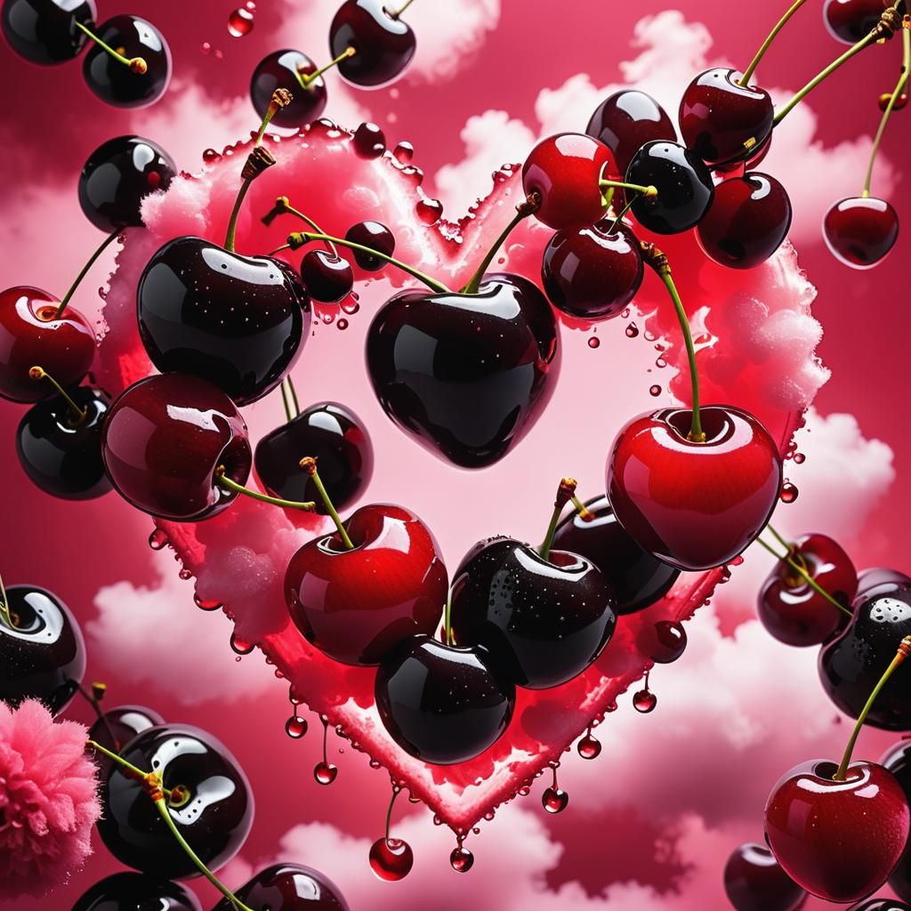 Surreal Cherries Heart on Pink Cloud, Digital Art