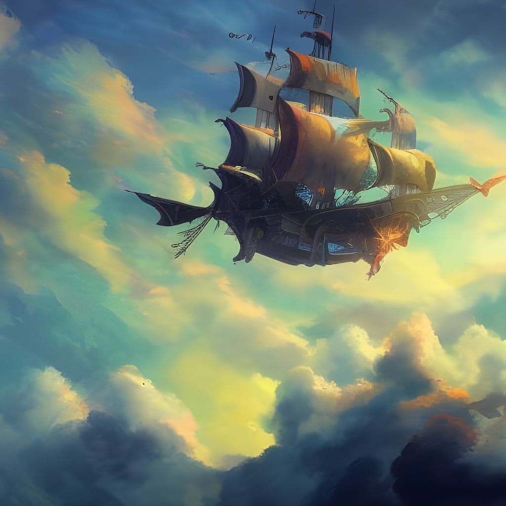 Fantasy Pirate Ship Soaring Through Colorful Clouds