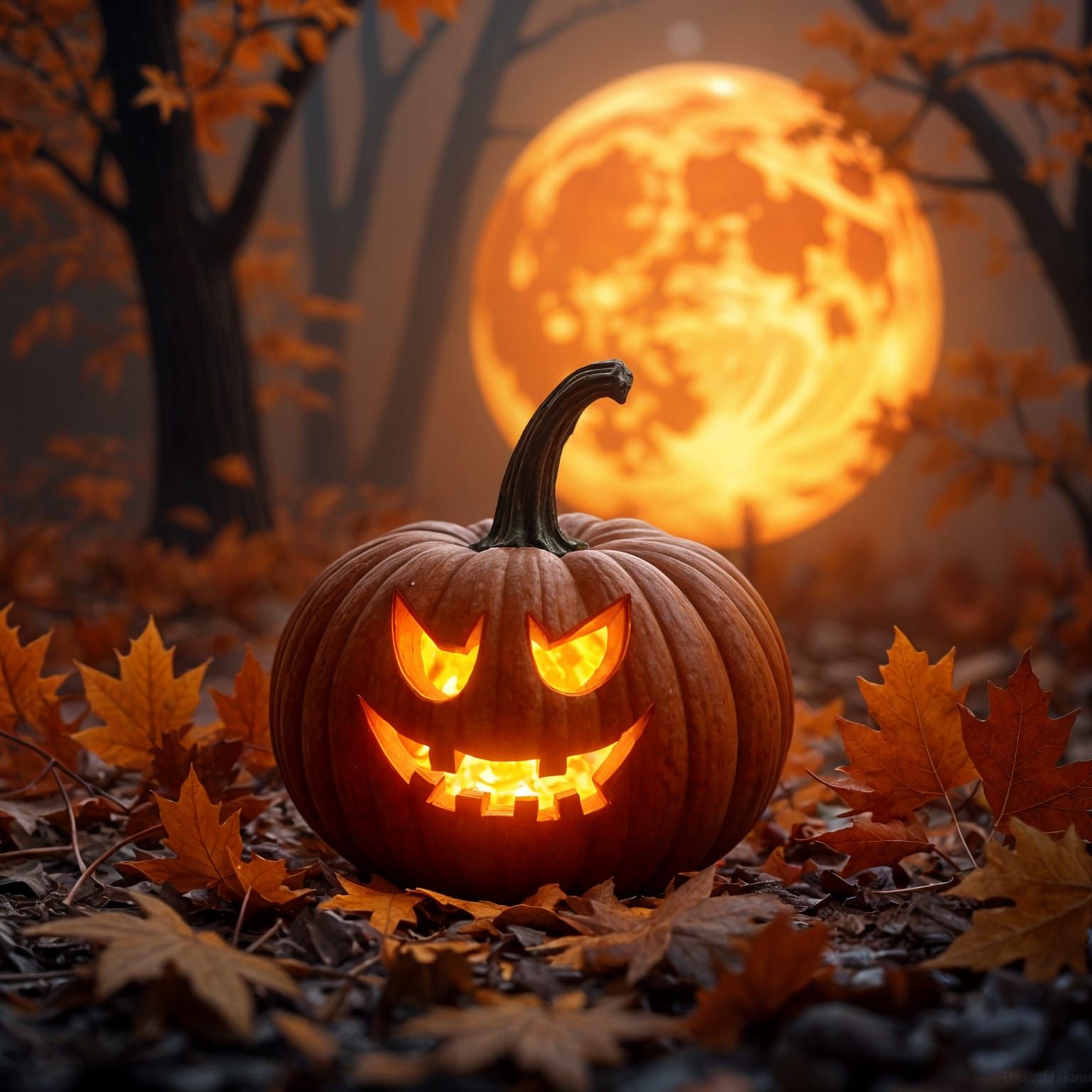 Cute Carved Pumpkin Under Orange Moon