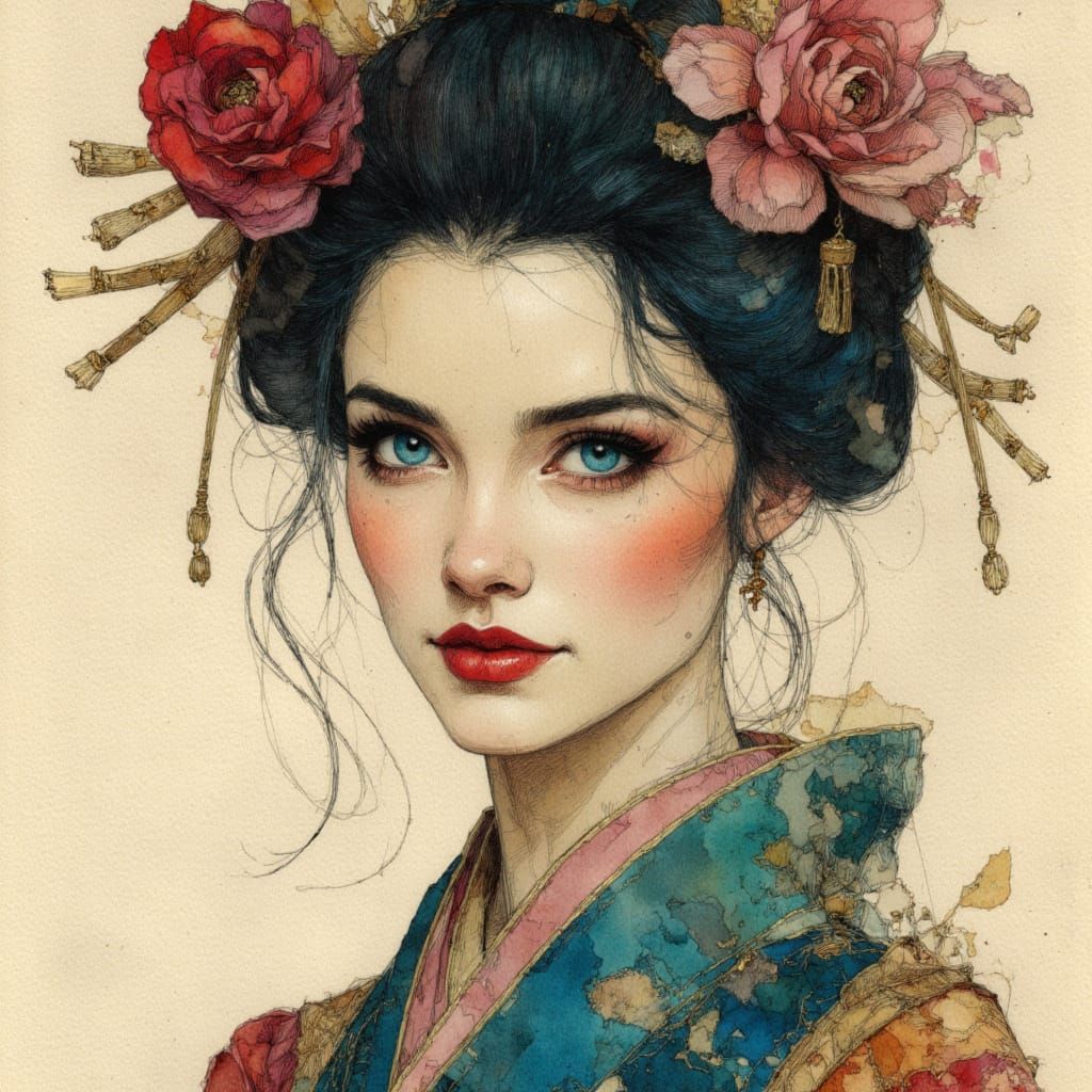 Geisha in Dark Fantasy Neurographic Ink Style