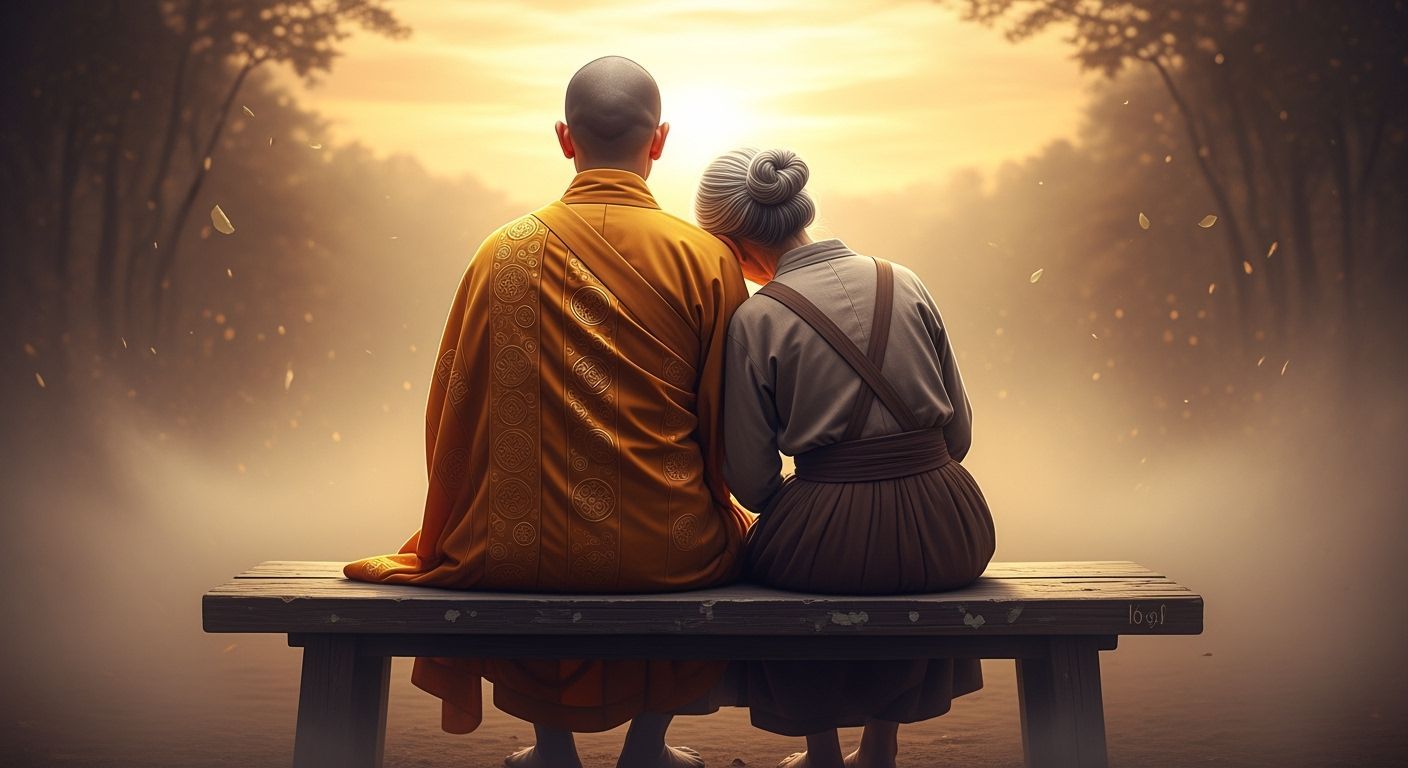 Zen Monk in Saffron Robes with Woman in Fantasy Style