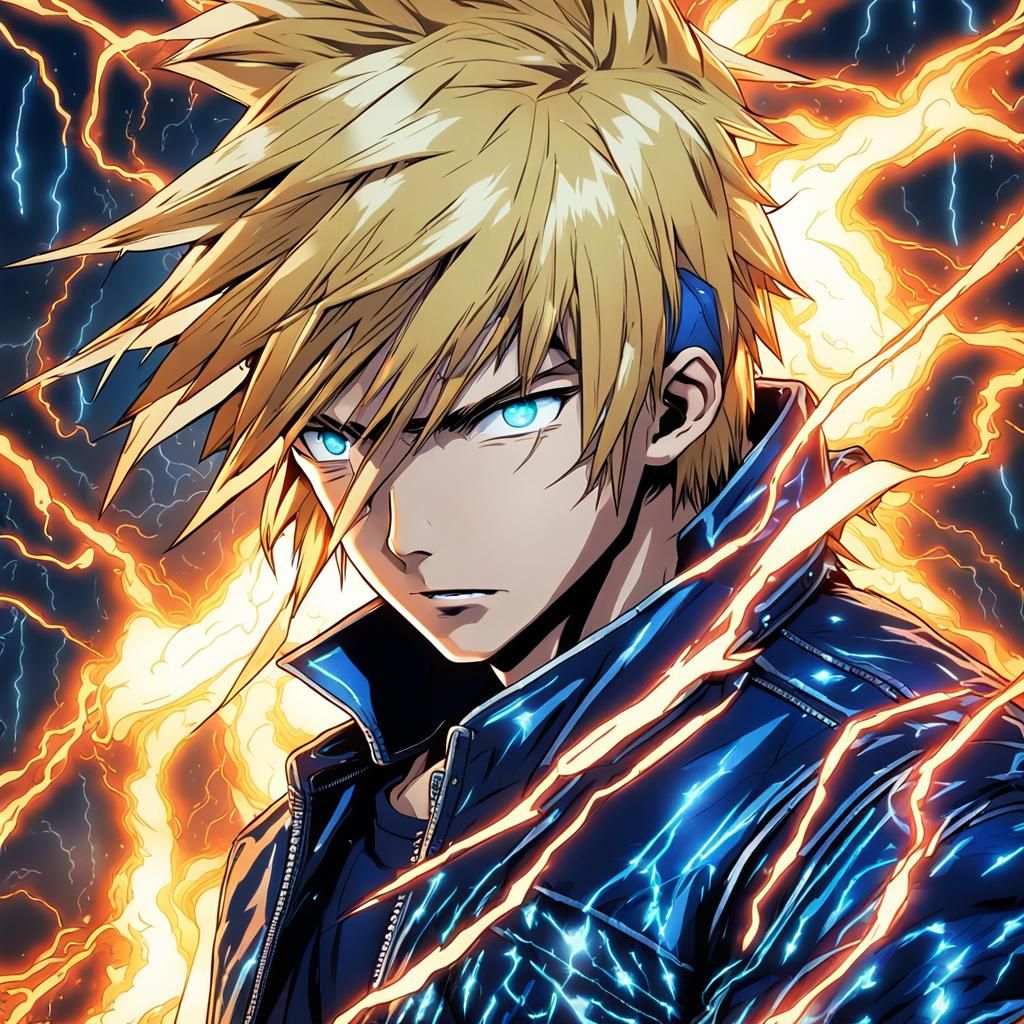 head and shoulders portrait, blond hair, platinum silver eyes, leather jacket, blue lightning covering jacket, intricate...