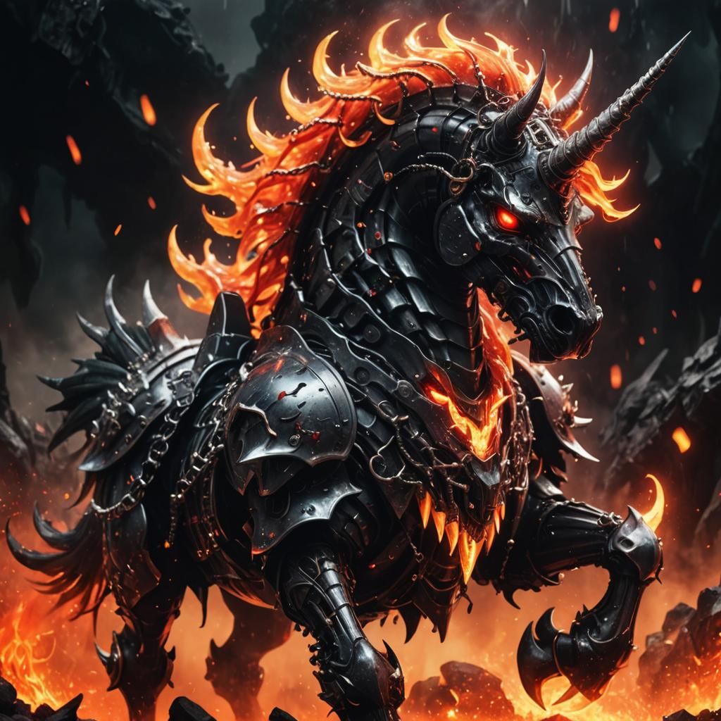 Demonic Armored Unicorn in Dark Fantasy Style