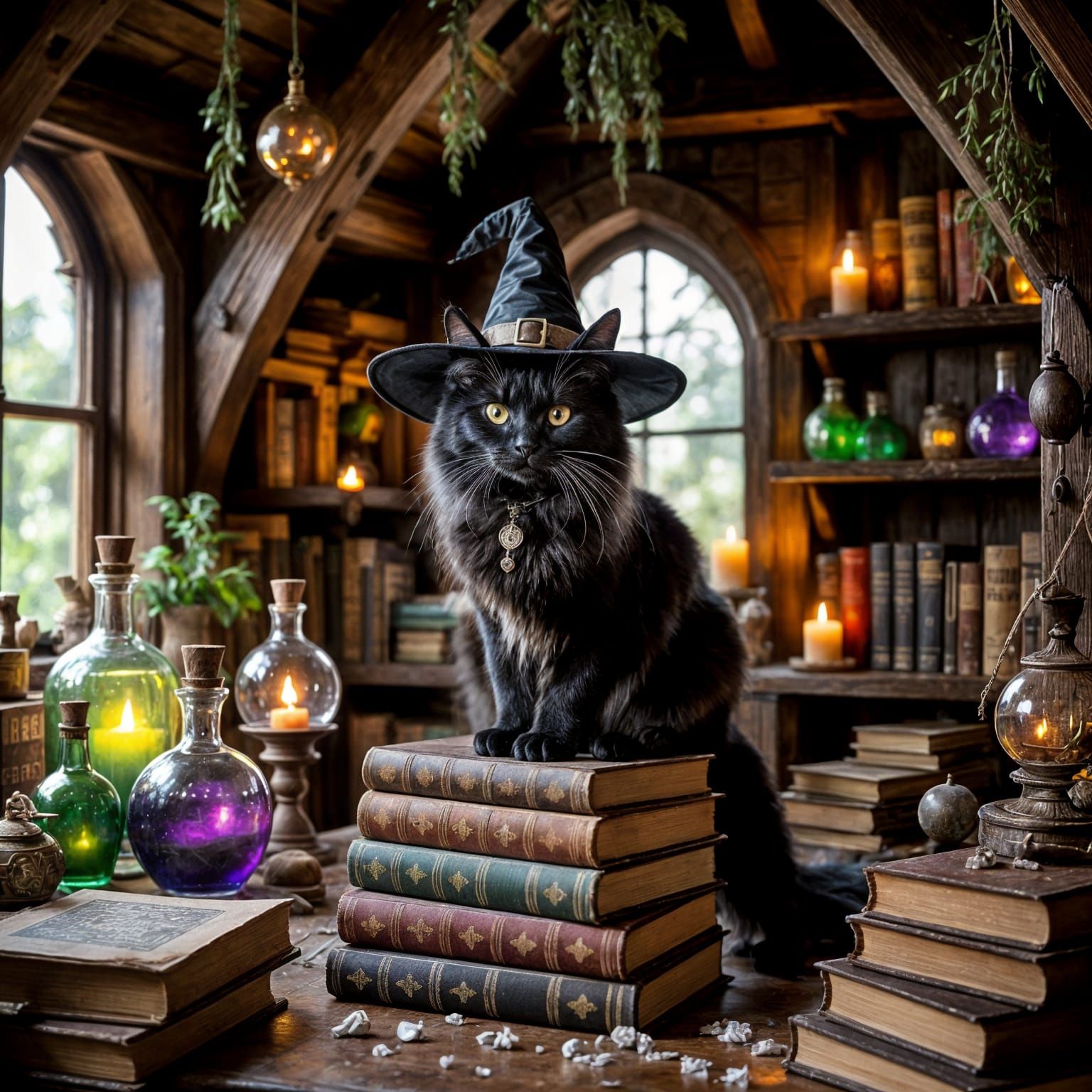 Hyperrealistic Black Cat in Witch Hat Amidst Spell Books